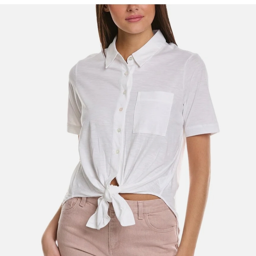 Theory White Short Sleeve Tie Front Button Down Shirt